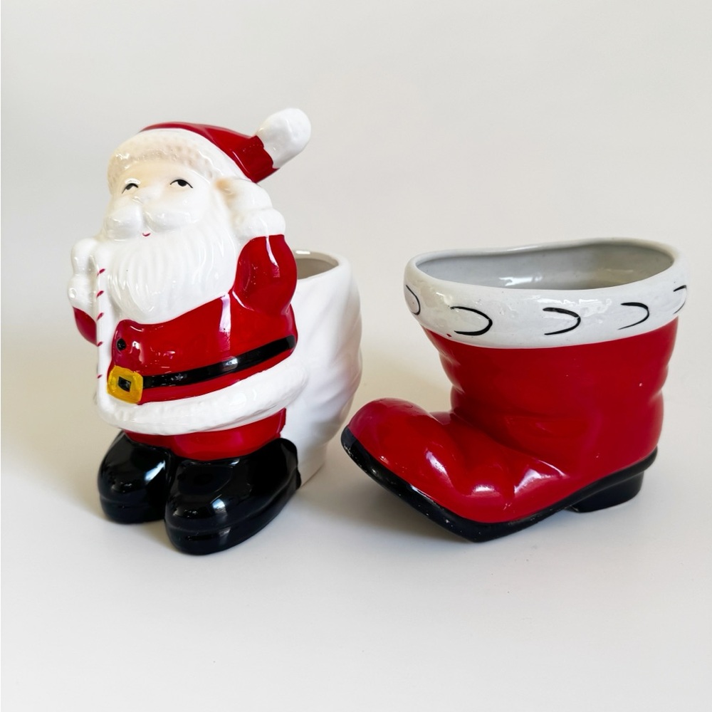 Vintage Santa and Boot Ceramic Planter Set Candy dish decor